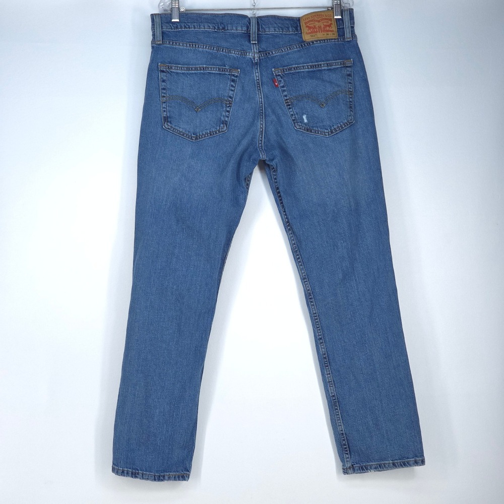 Levi's 511 Denim Jeans Mens 36x30 Faded Stretch Medium Wash Whiskers Distressed - Picture 3 of 16